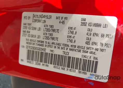 2005 Dodge Ram 2500 Slt/Laramie from USA, damaged, VIN 3D7KS28D65G829492